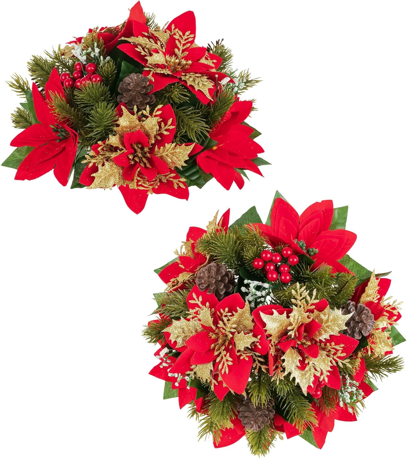 BLOSMON Christmas Centerpieces for Dining Table: 2 Pcs Red Gold Glitter Fake Poinsettia Christmas Flowers Ball Decoration - Artificial Silk Holiday Floral Arrangement Xmas Indoor Home Decor