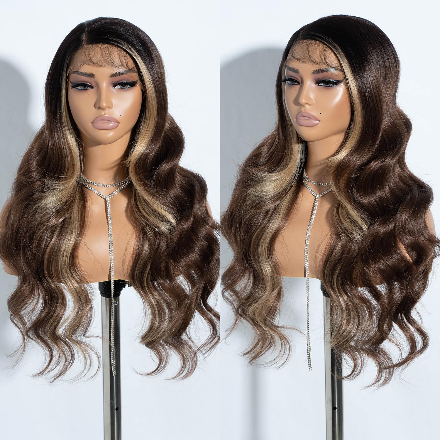 Joedir 13X4 Lace Front Wig Free Parting Lace Frontal Wigs With Baby Hair Pre Plucked Synthetic Wig Natural Looking Body Wave Wigs for Women 30 Inch Glueless Lace Front Wigs Ombre Brown Highlights