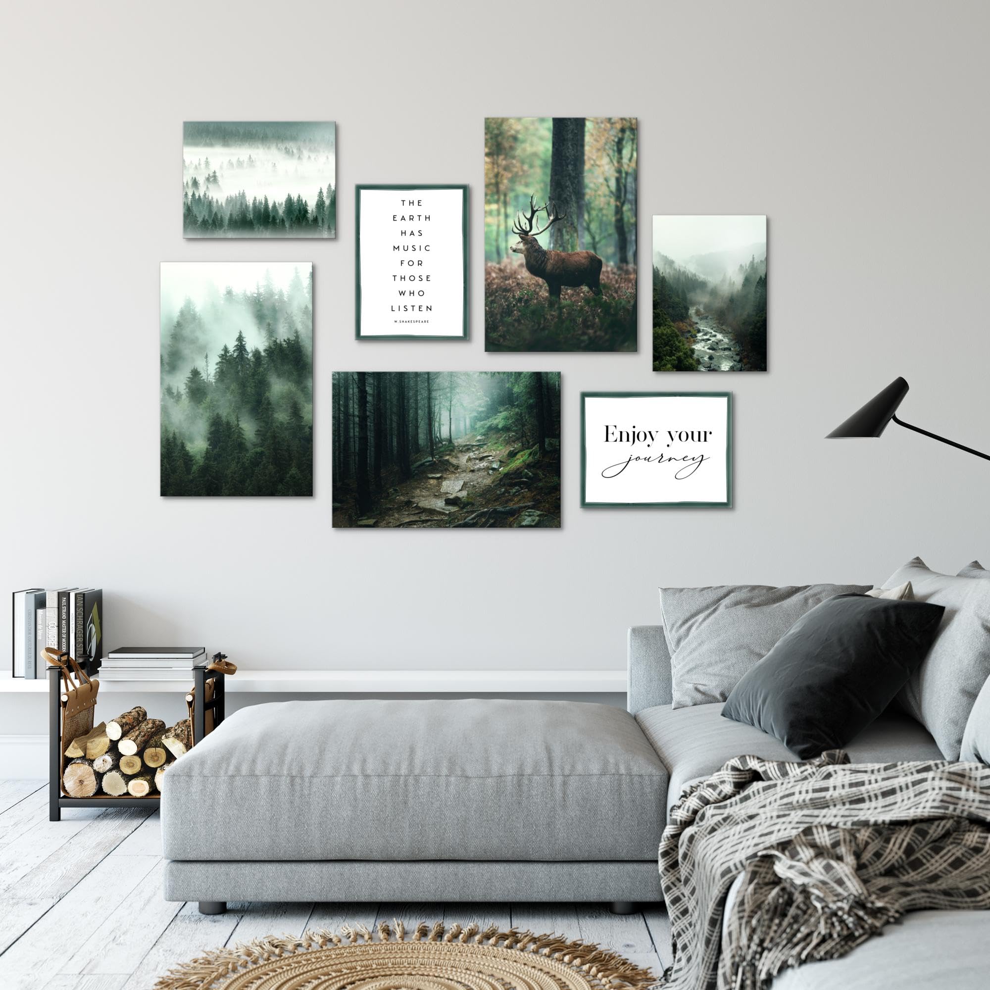 Novart Wandbilder Wald Hirsch - KOMPLETT AUFHÄNGFERTIG - Natur Grün Wohnzimmer Schlafzimmer Flur - 7 Moderne Mood-Bilder - N004672a