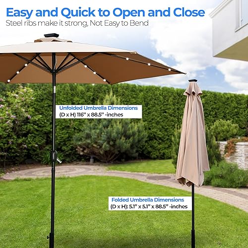 Miniatura 5 de SereneLife Home - Sombrilla de mesa de patio de 10 pies, 6 varillas resistentes con botón de inclinación y luces LED solares, manivela abierta de