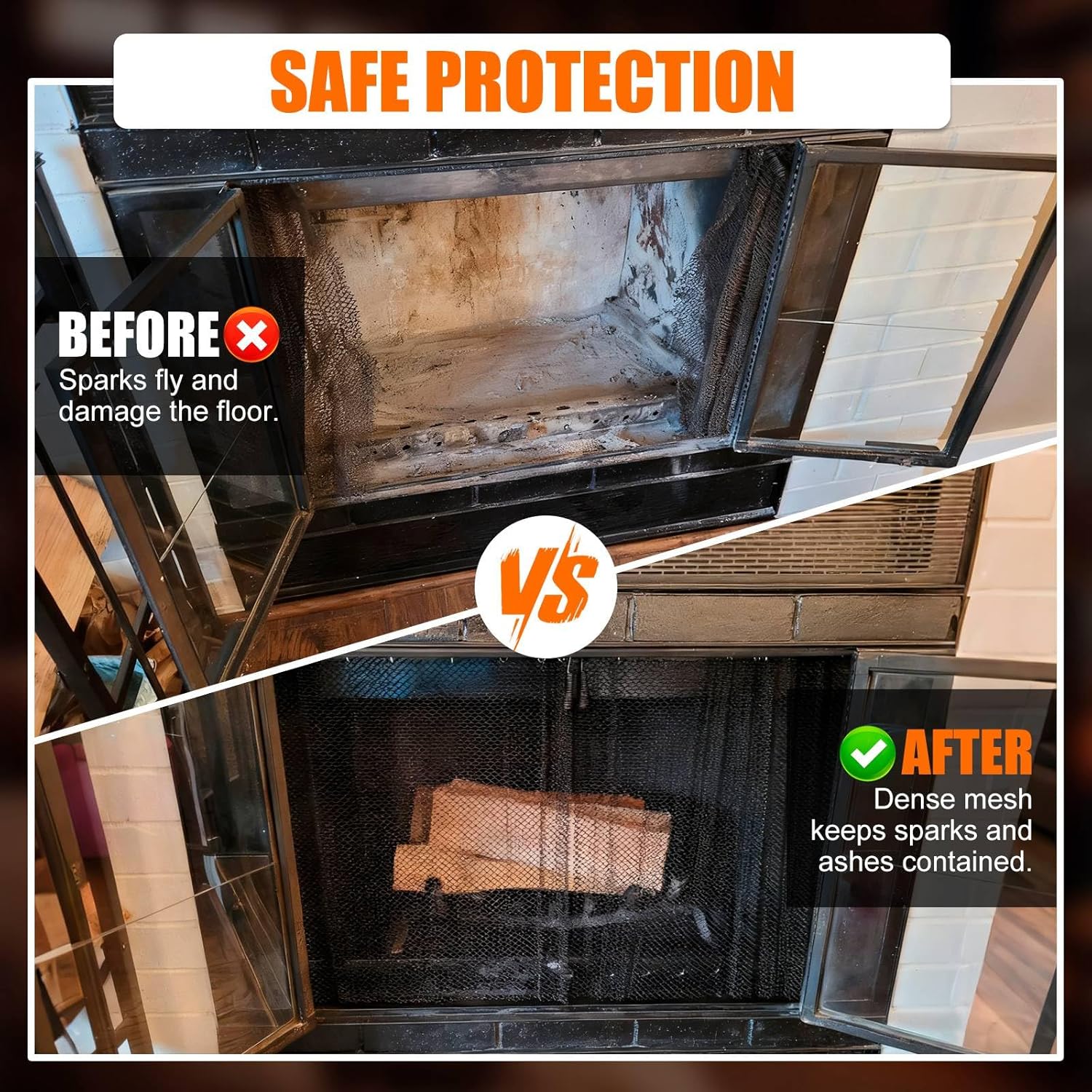 XhuangTech 2 Pack Fireplace Screen Mesh Curtain, Spark Guard with Pulls, Heat Resistant Metal Fire Place Screen Net, Fireplace Hanging Replacement for Home Wood Burning Fireplace (24’’×18’’)