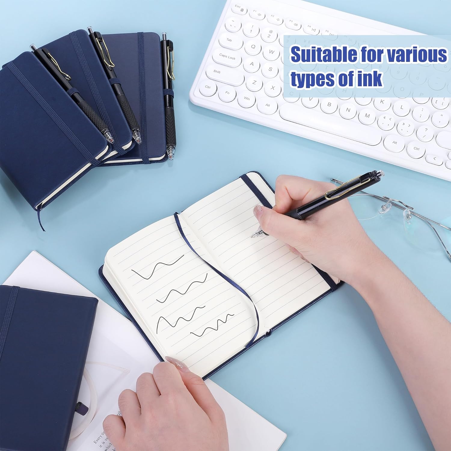 Aodaer 50 Sets Pocket Notebook Journal with Pens, 160 Pages, 3.5 x 5.5 Inch Mini Lined Journal Notebook A6 Leather Hardcover College Ruled Notepad with Pen Holder for School Office Gifts, Navy Blue - Image 5