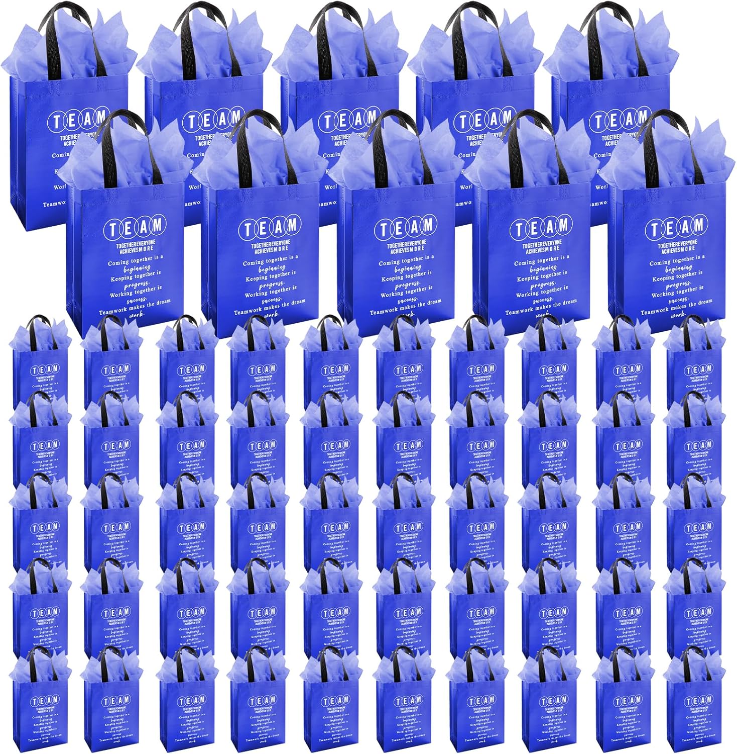 Addblu 100-Piece Employee Appreciation Gift Bags Bulk - Include 50 Team Bags (8x10x4 Inch) & 50 Tissue Paper, Reusable Gift Bag with Handles for Staff, Coworker, Teacher, Thank You & Valentine‘s Day Gifts (Blue, 50pcs)