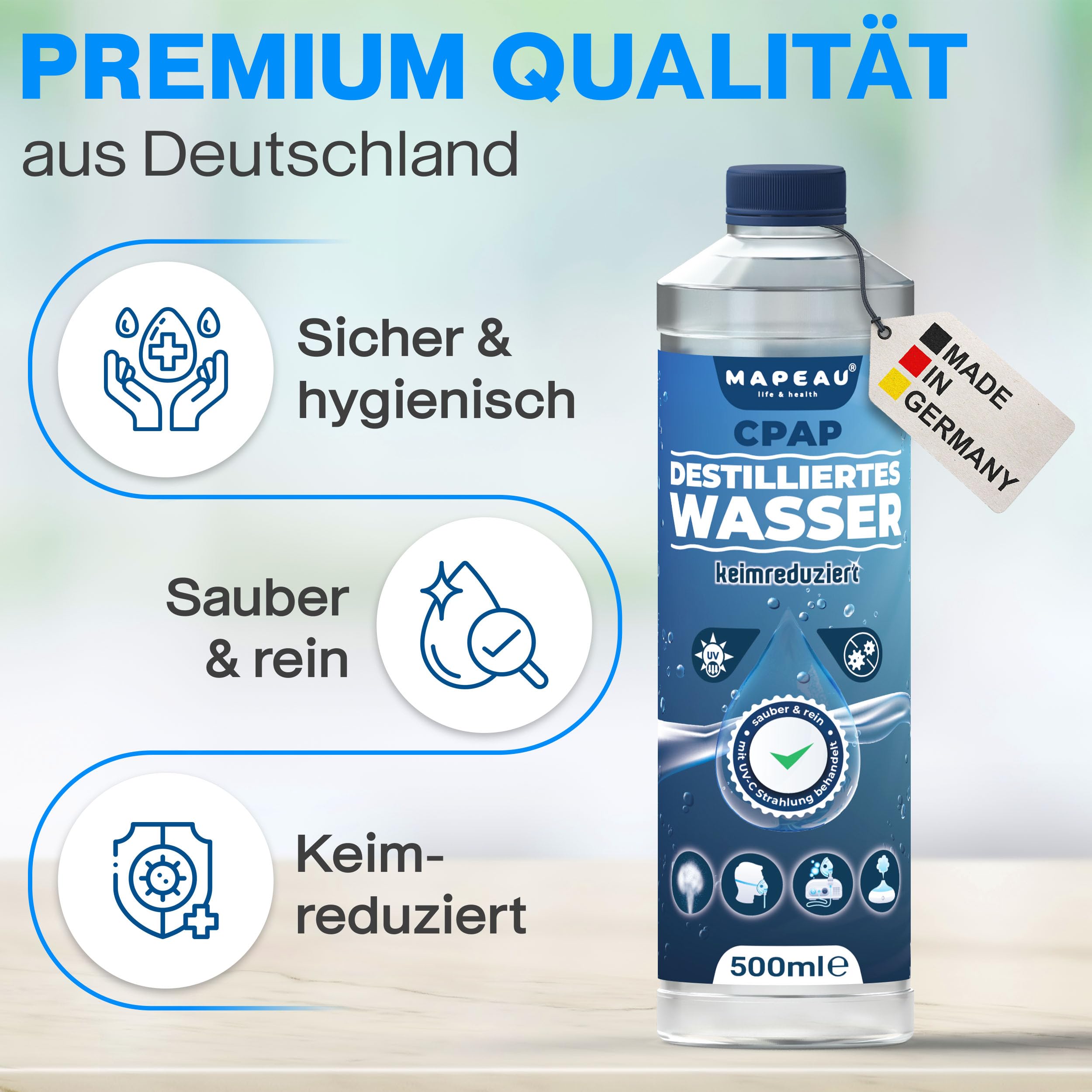 Mapeau CPAP destilliertes Wasser für CPAP-Geräte, Wasser für Sauerstoffgerät, Inhalator, Luftbefeuchter, Atemgas-Befeuchtung (5x 500ml)