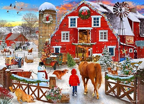 Vermont Christmas Company Rompecabezas "Christmas Horse Farm" de 1000 piezas, piezas totalmente entrelazadas y de forma aleatoria, 26 5/8 pulgadas x