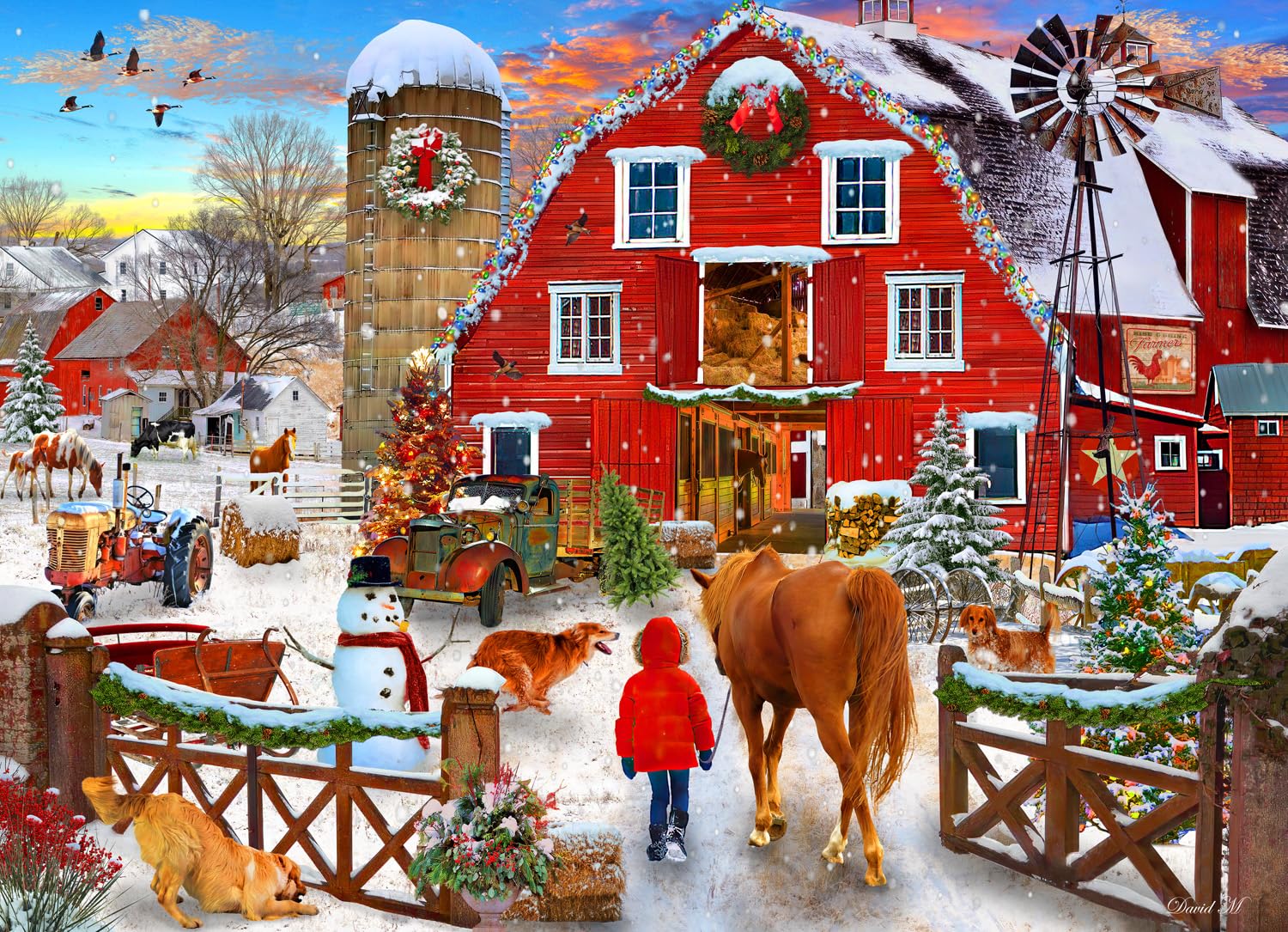 Vermont Christmas Company Puzzle "Christmas Horse Farm", 1000 Teile, komplett ineinandergreifende und zufällig geformte Teile, 67 x 49 cm