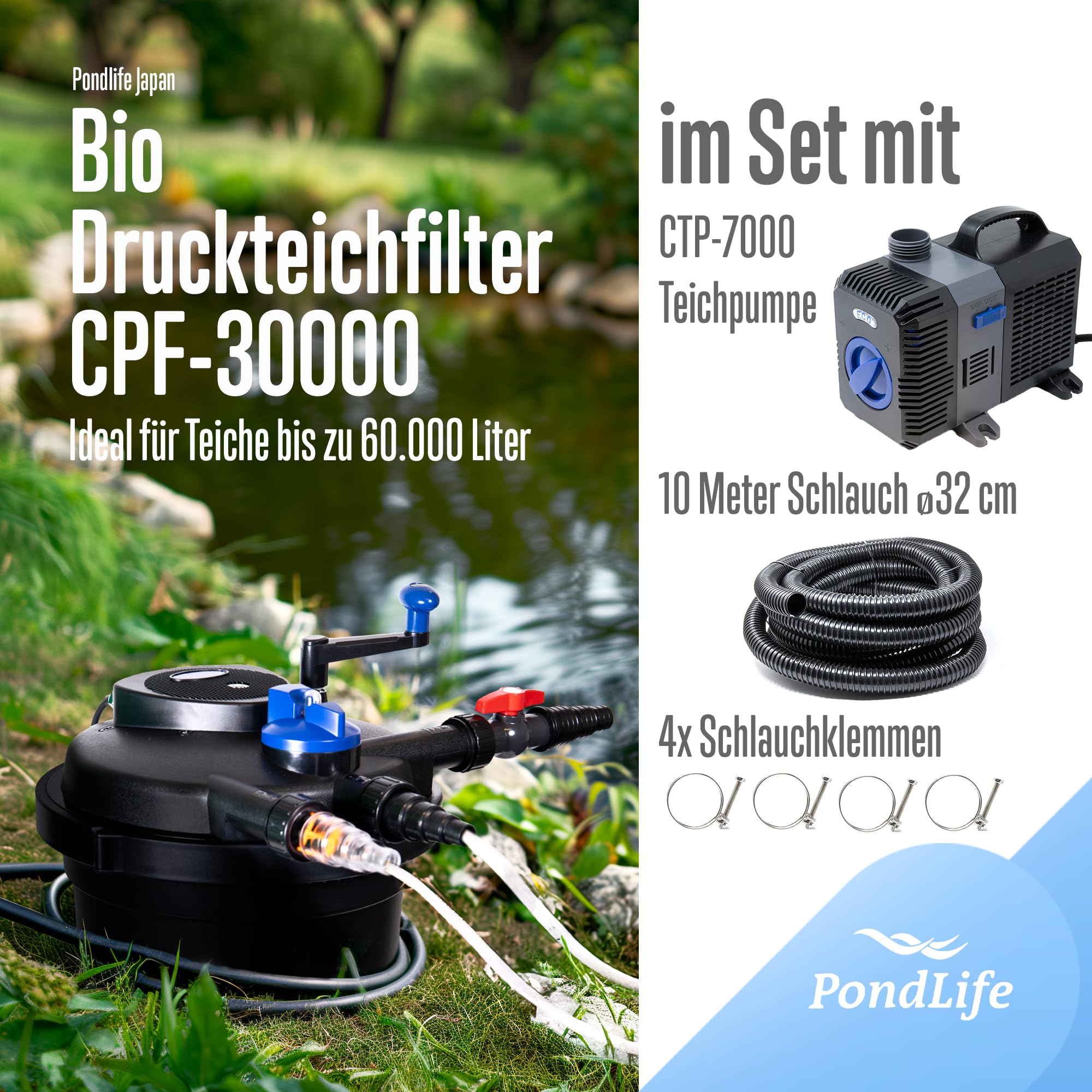 Pondlife Teich Filteranlage Set 7, Druckfilter CPF-30000 mit UVC Klärer für Teiche bis 60.000 Liter, 12.000L/h Durchfluss, energieeffiziente Pumpe CTP-7000 inkl. 10m Schlauch