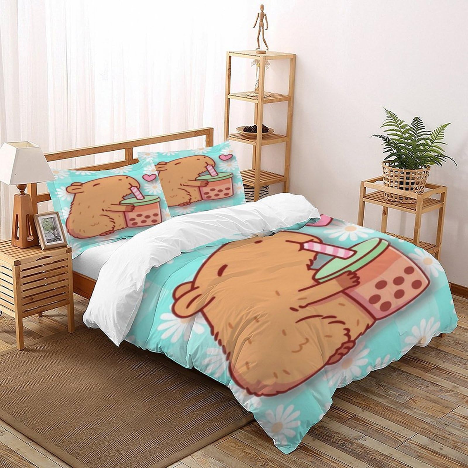 SHOVERKD Capibara Bedding Set 3D Digital Printing Cute Animals Duvet Cover Set Chic Breathable Quilt Cover for Boys & Girls with Pillow Double（200x200cm）