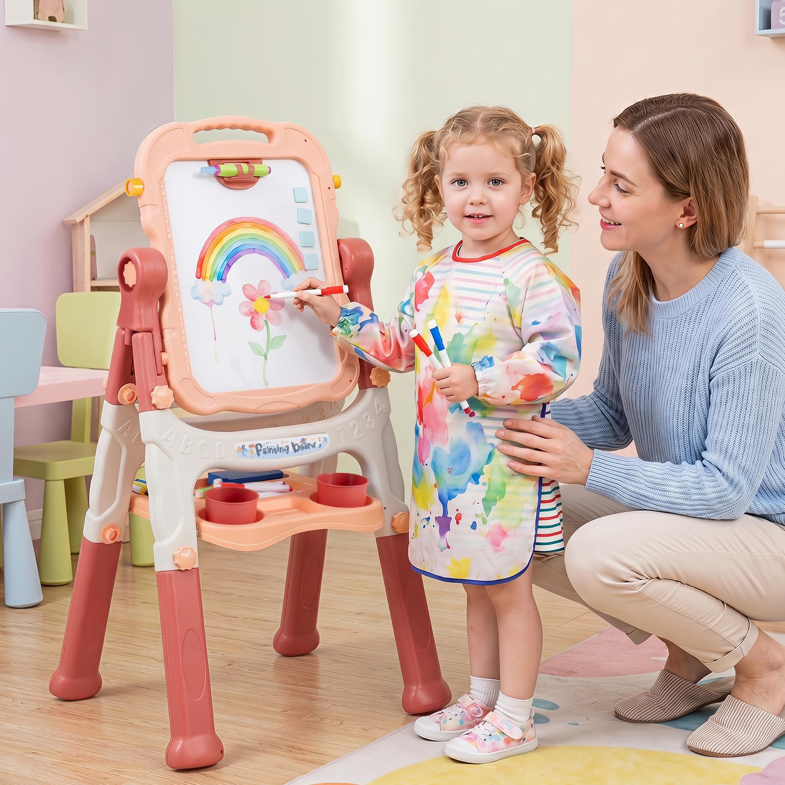COSTWAY 4-in-1 Kindertafel, Doppelseitige Kinderstaffelei (Pfirsichrosa)