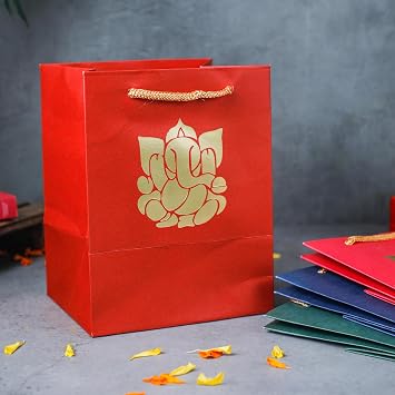 Desi Favors Ganesha Paper Bags - 8 Pack, 6x5x8 Inch, Indian Gifts Bags for Diwali, Pooja, Housewarming, Wedding Return Gifts