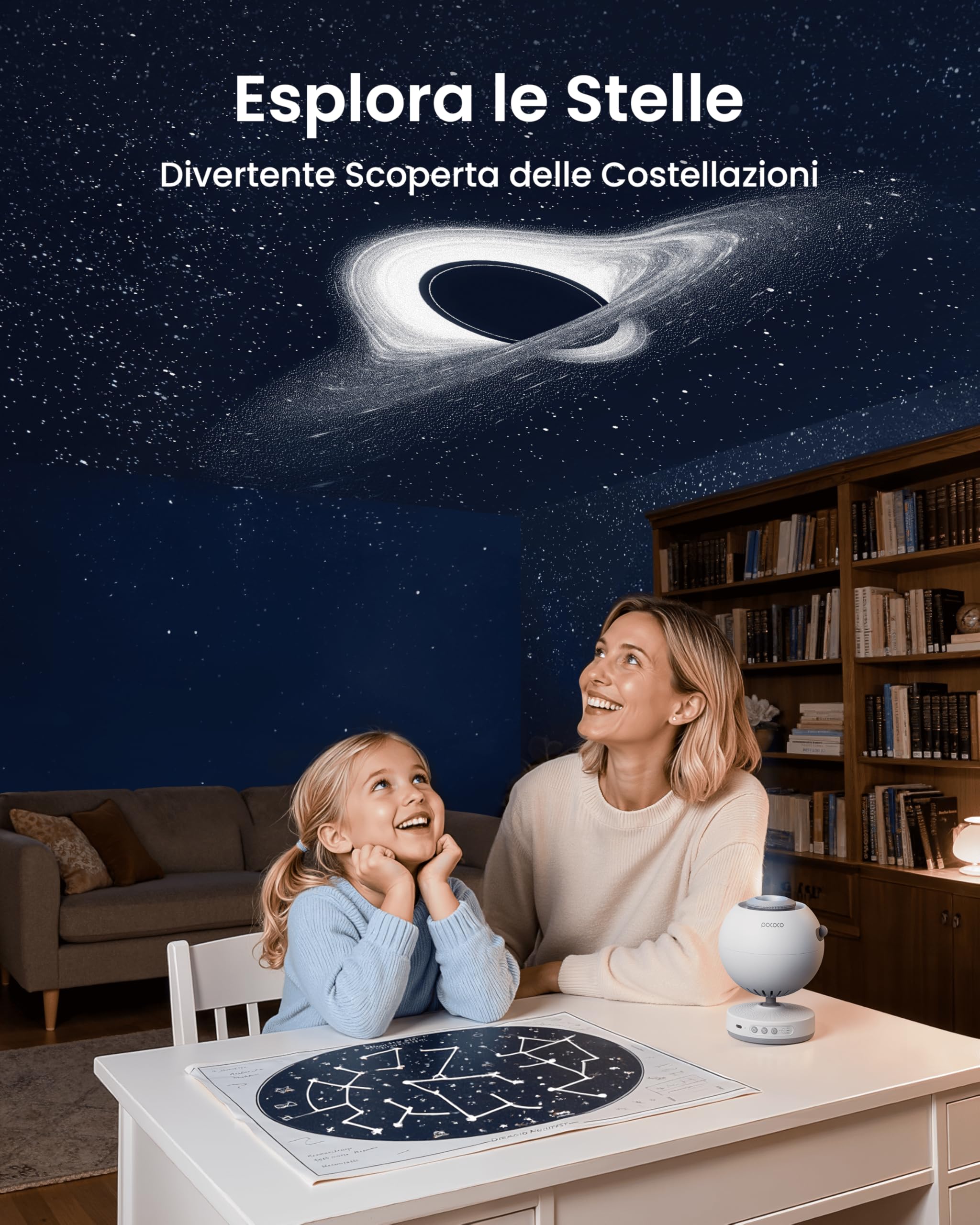 POCOCO Proiettore Stelle, Hd Star Projector Ricaricabile, 5K HD Dischi | Galassia Realistica,Autonomia 6h,Timer,2 Dischi Sostituibili.Decorazione Della Camera, Studio E Relax, Per Adulti E Bambini