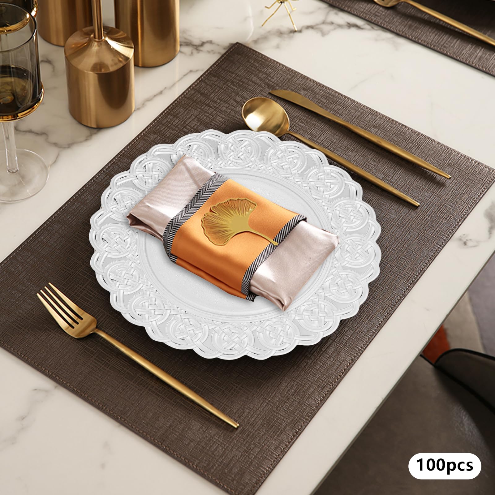 Kreiaoer 100 Pack Charger Plates Bulk 13 Inch Round Plastic Dinner Plate Chargers with Floral Rim, Reusable Decorative Plates for Weddings, Parties, Banquets, Events, Restaurant Decor, Silver