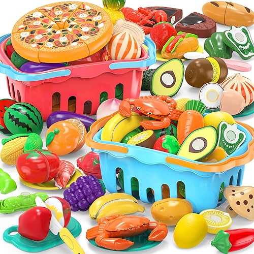 120 piezas de juguete de comida de corte para varios niños con cestas de almacenamiento de 2 colores, juego de alimentos de cocina para niños