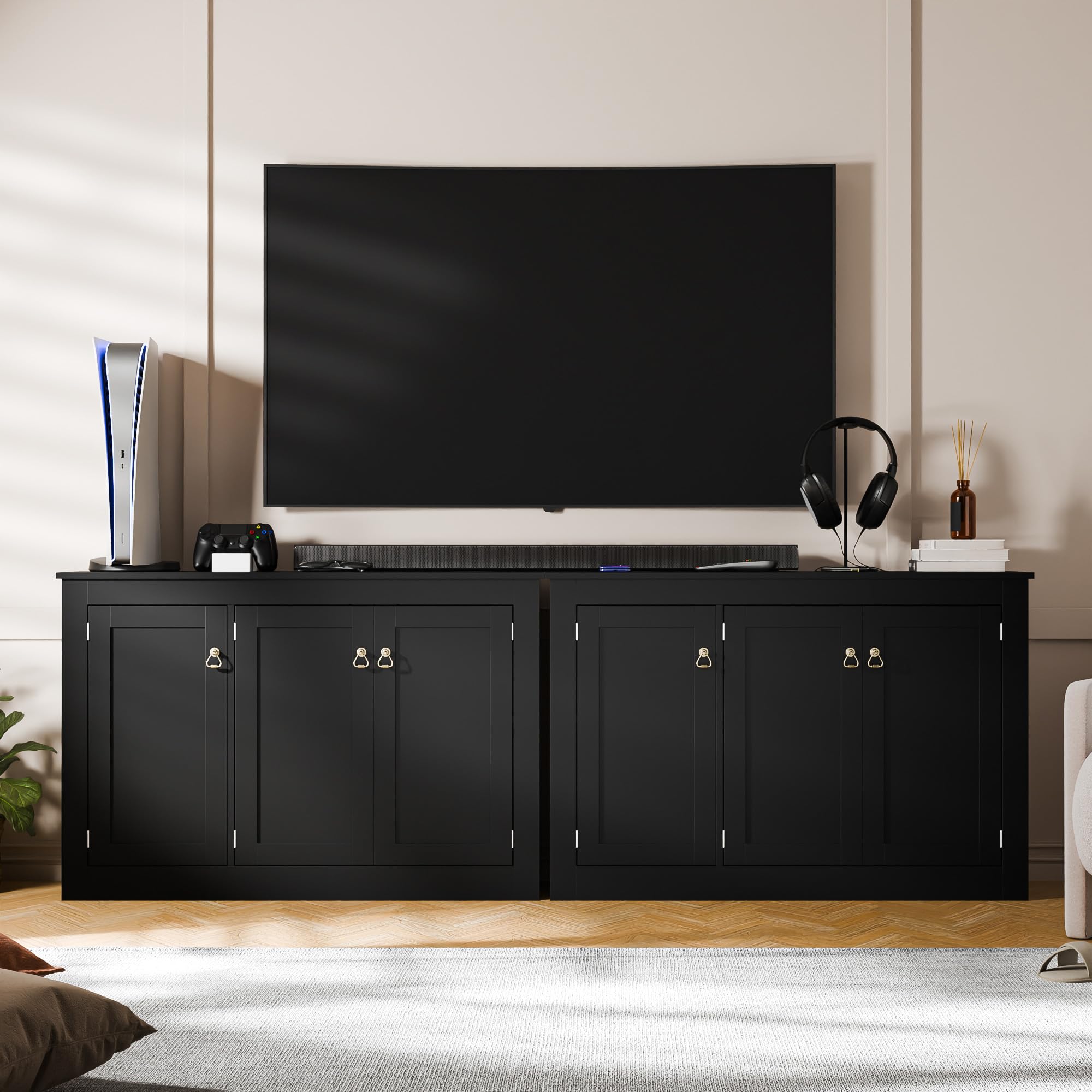 Sideboard, küchenschrank, mit 3 Türen und verstellbare Ablagen, 113 cm lang, buffetschrank, Aufbewahrungsschrank,Holzkommode für Küche,Wohnzimmer, Flur und Esszimmer (Schwarz, 113B cm)