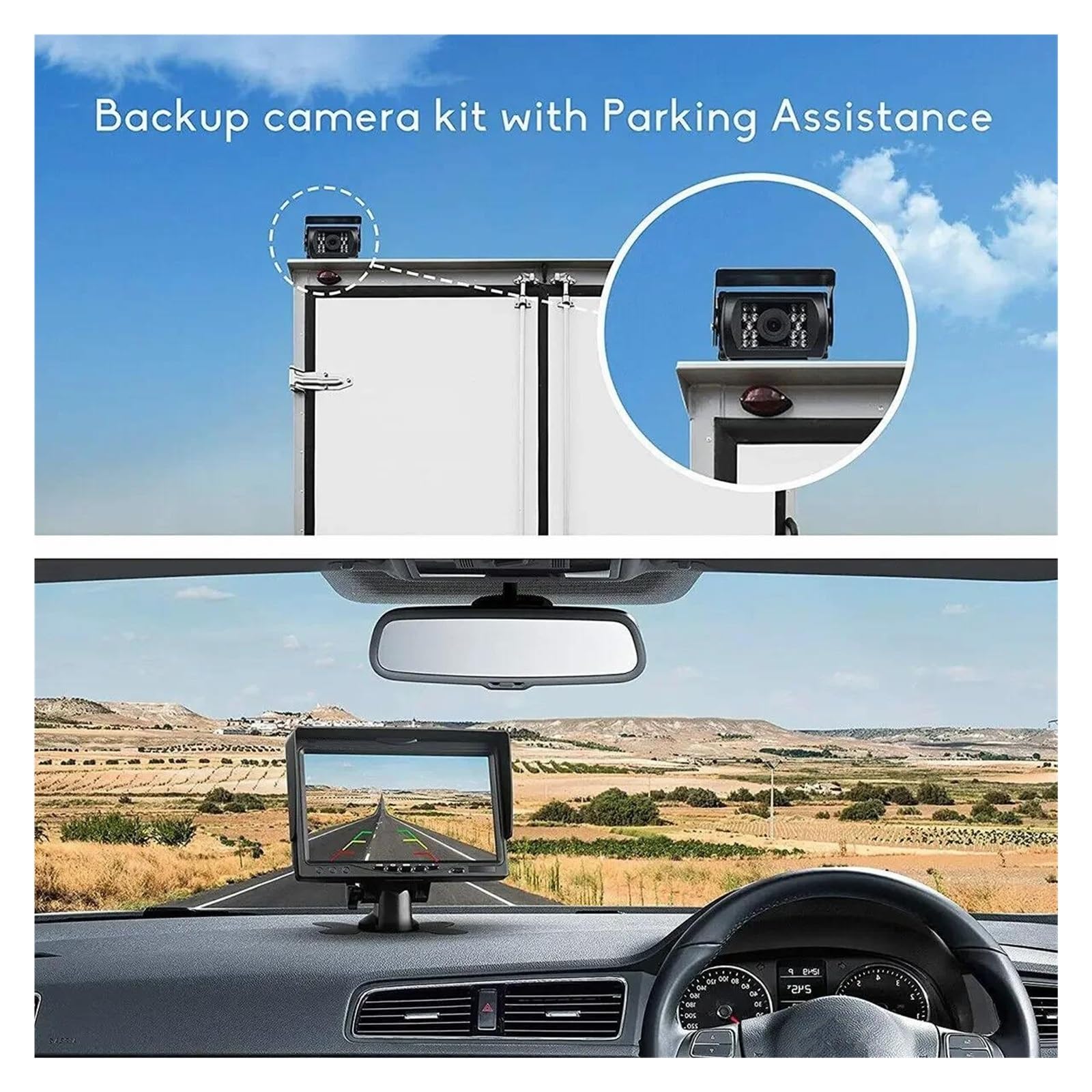 Gran Angular Cámara Trasera 12-24v para RV Camión Autobús Furgoneta Coche IR Cámara Respaldo Visión Nocturna 7 "Monitor Trasera 10m Cable AV(One Camera Kit)