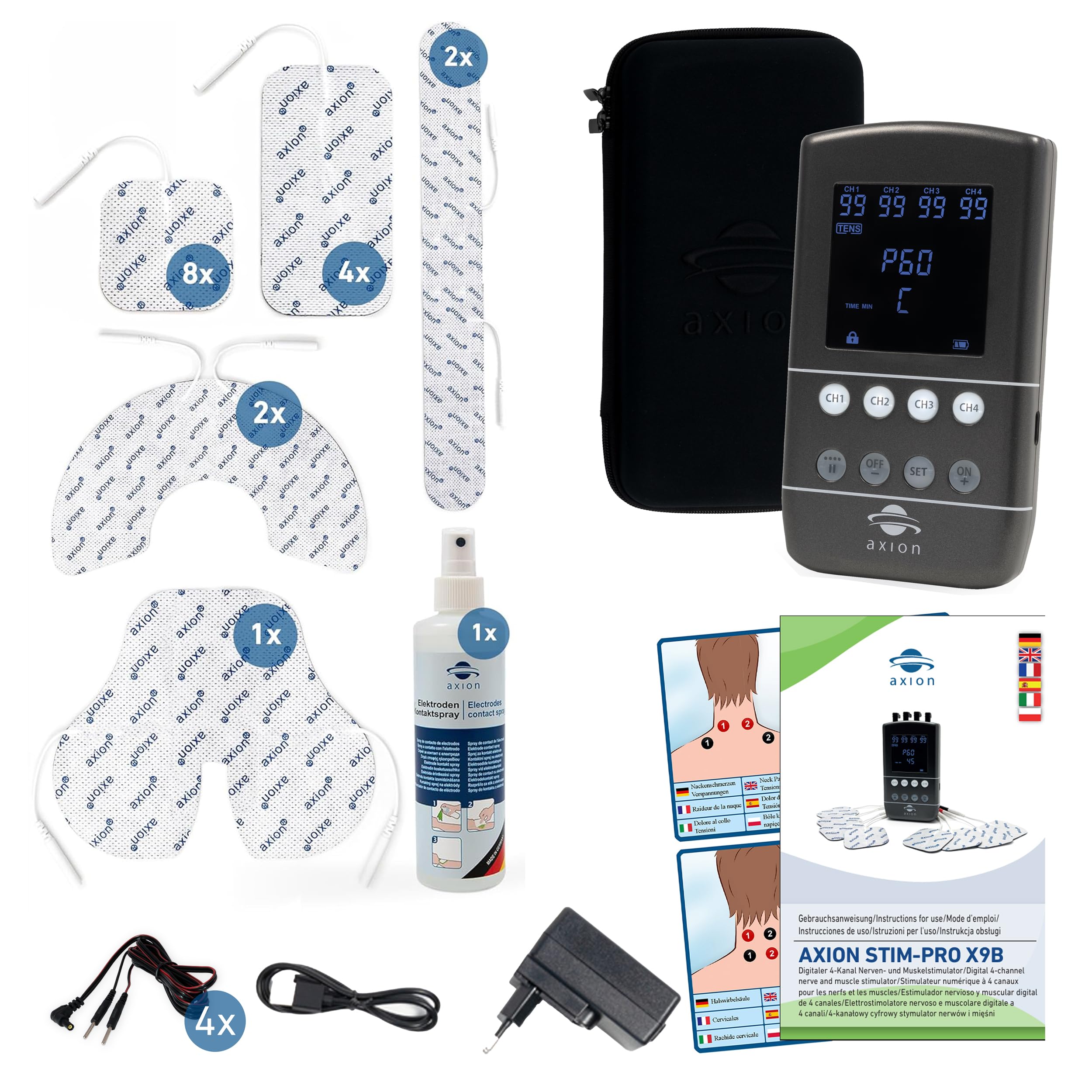 Appareil combiné TENS EMS STIM-PRO X9B - 4 canaux dans un set avec 8 pièces 5x5cm, 4 pièces 10x5cm, électrodes spéciales autocollantes & spray de contact - Thérapie de la douleur, renforcement