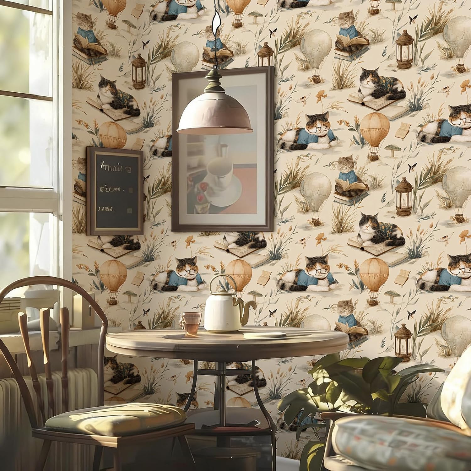Stickorama Whimsical Cat Animal Peel and Stick Wallpaper Self Adhesive 17.72" X 236.2'' Vintage Hot Air Balloon Floral BookWall Paper Renter Friendly Removable Waterproof for Kid Room Study