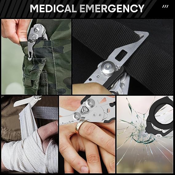 6 in 1 Raptor Response Emergency Shears, Multi Tool Pliers Shears, Tactical Folding Pliers with Strap Cutter and Glass Breaker (Black with Holster)