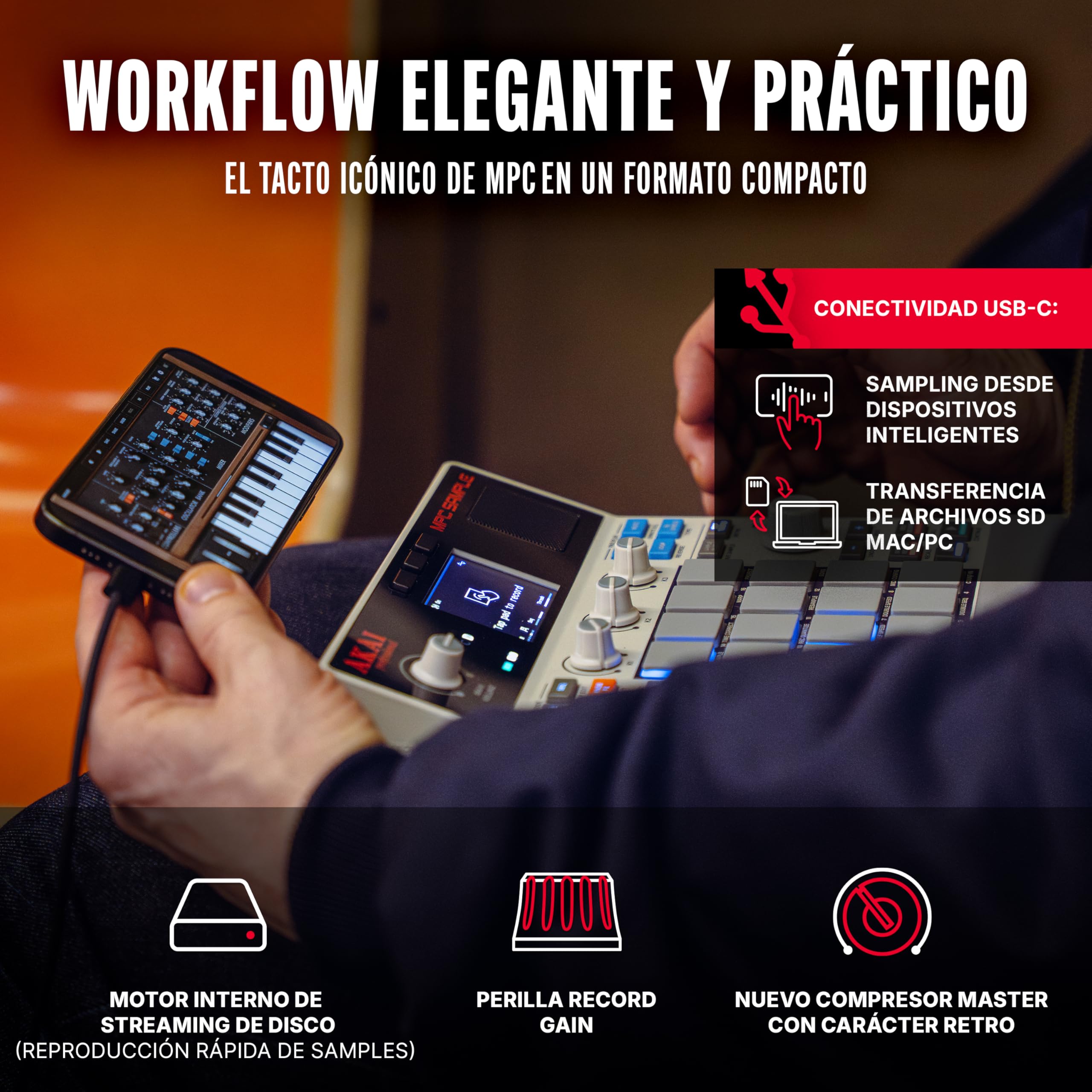 Akai Professional MPC Sample Sampler, Secuenciador y Procesador de Efectos Portátil Standalone con Batería Recargable, USB-C, Altavoz Integrado y Micrófono