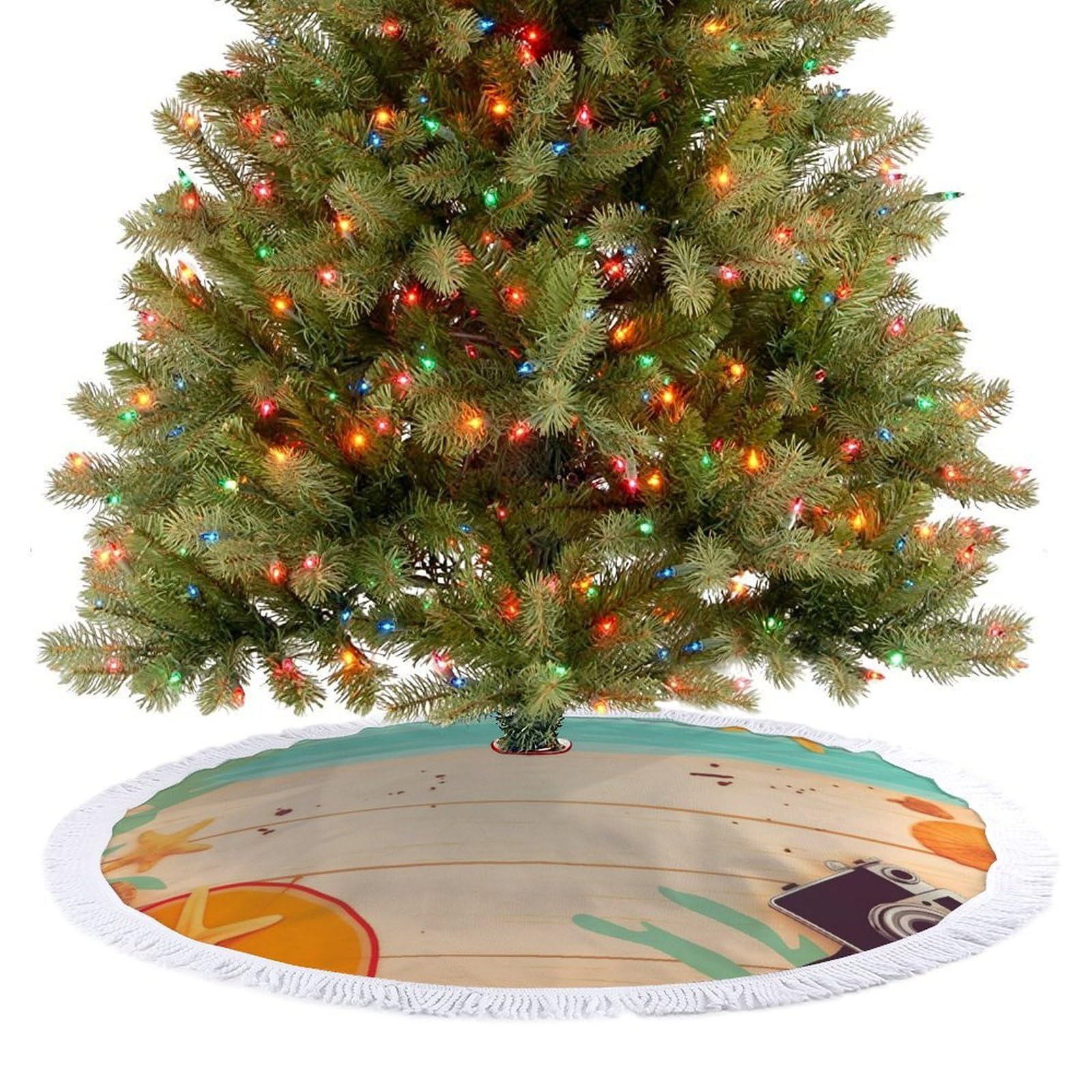 Summer Background Christmas Tree Skirt 30"x30" Rustic Xmas Tree Mat with Tassel Ornament Christmas Trees Cover Skirt Mat for Evergreen Trees Ornament Winter Holiday Mats Decorations