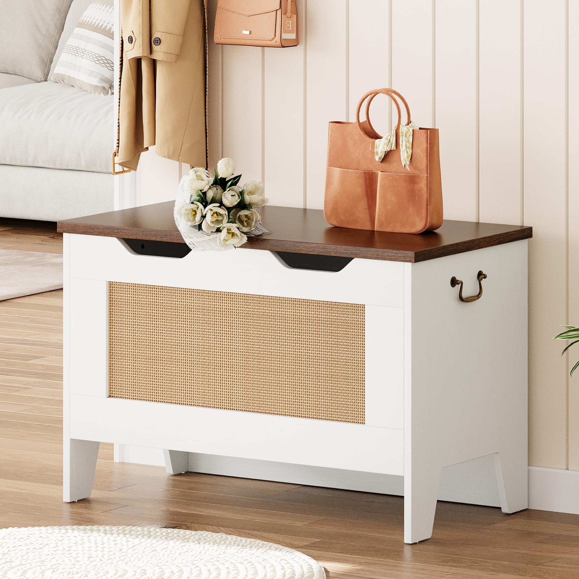 GarveeHome 30" Storage Chest, Toy Chest With Lids, Entryway Storage Bench with Safety Hinge, Wooden Storage Trunk, Supports 350 Lb, for Living Room, Bedroom, White+Brown Top