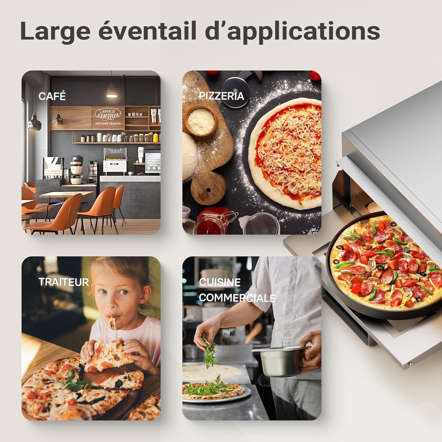 Collage showing various applications of the Wiltec Pizza Oven: cafe, pizzeria, catering, commercial kitchen, and pizza baking