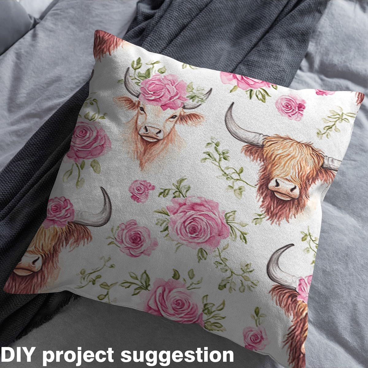 Brown Highland Cow Fabric by The Yard Watercolor Pink Rose Garden Flowers Fabric for Sewing Lovers Farm Animal Romantic Floral Rustic Style Fabric for Room Decor and DIY Upholstery 5 Yards,180"Lx59"W