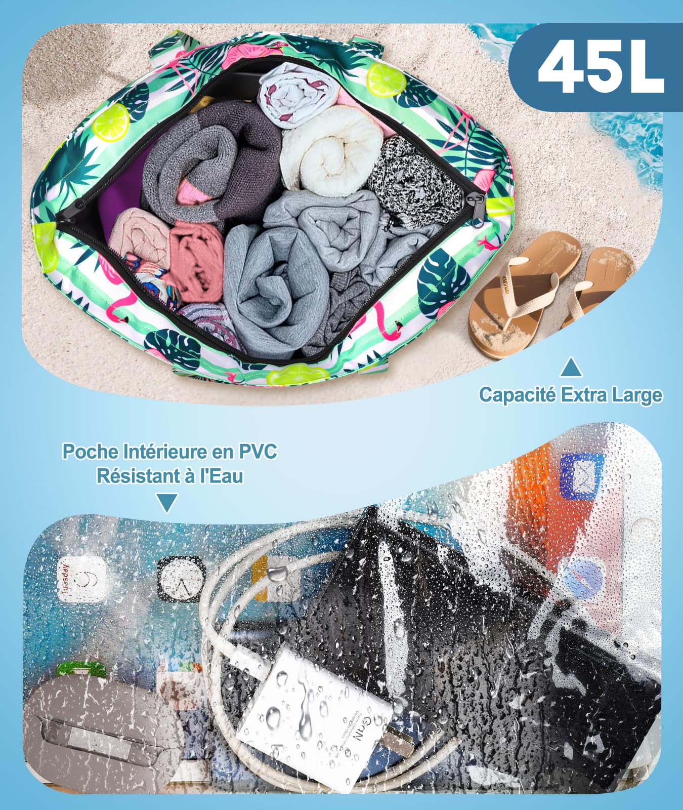 ISEYOU Grand Sac de Plage XXL Imperméable avec Fermeture Éclair, Sac Plage Pliable et Léger, Sacs de Plage Femmes Multi-Poches de Grande Capacité, Parfait pour Piscine, Shopping, Voyage, Vacances, Gym