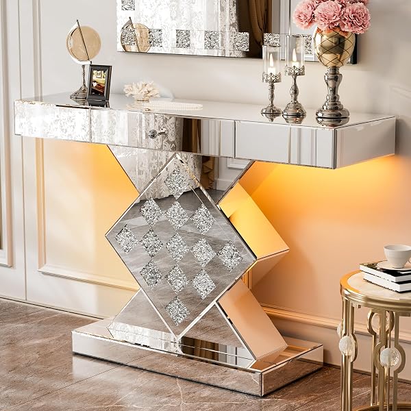 Sophisticated Entry Table with Mirror Ideas for a Balanced Look 110 LED Console with Checkered Mirror Base