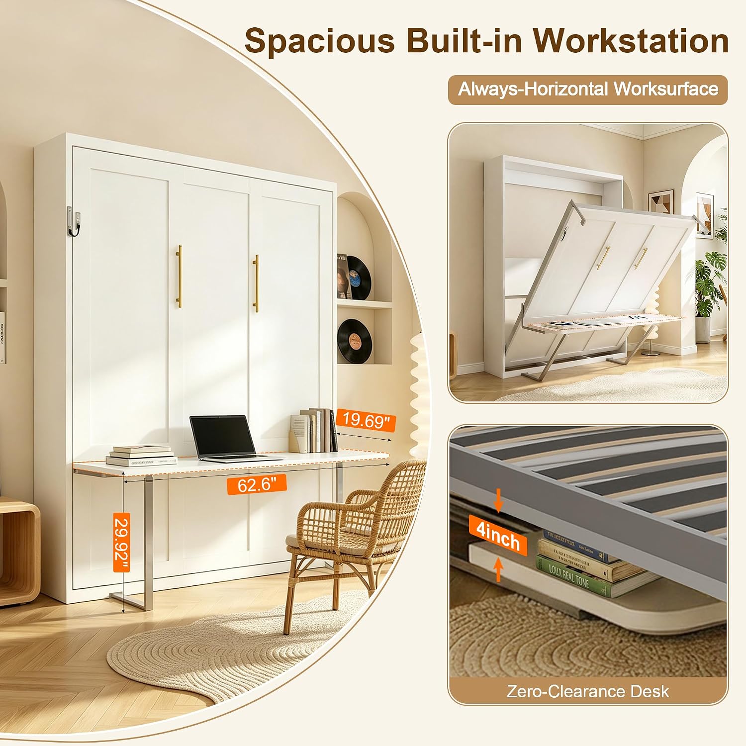 Image displaying the Murphy bed in its desk configuration, showing a laptop and other items on the spacious 62.6-inch wide desk. An inset shows the bed partially lowered with the desk remaining horizontal.
