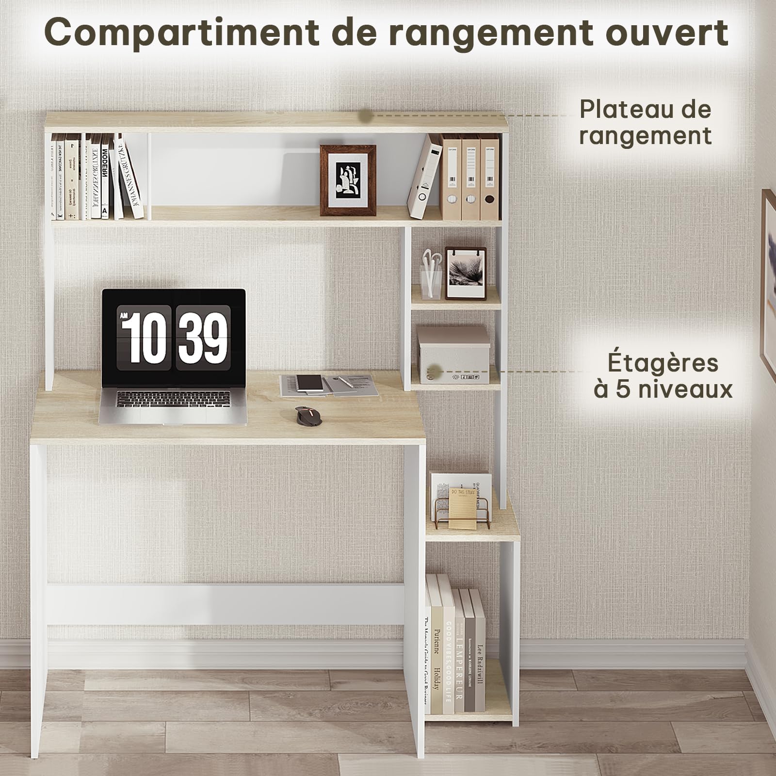 eSituro Bureau avec Étagères, 113x45x139 cm, Blanc et Chêne