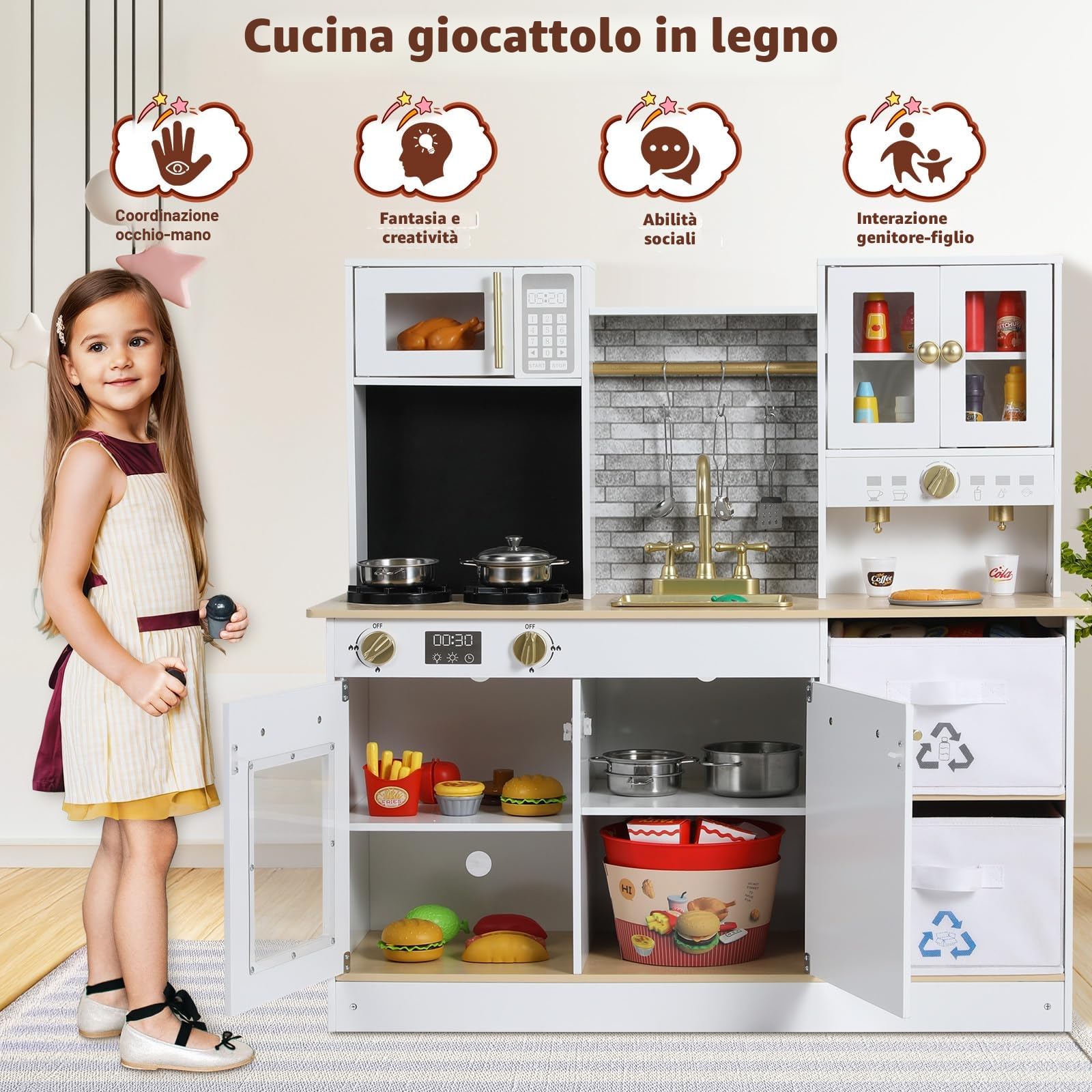 MAMIZO Cucina Giocattolo per Bambini Legno, con Effetti Simulati di Luce e Suono, Cucina Bambini con 2PCS Scatole Portaoggetti, Cucinetta Giocattolo per Bimbi da 3 Anni, 90x30x90 cm, Bianco
