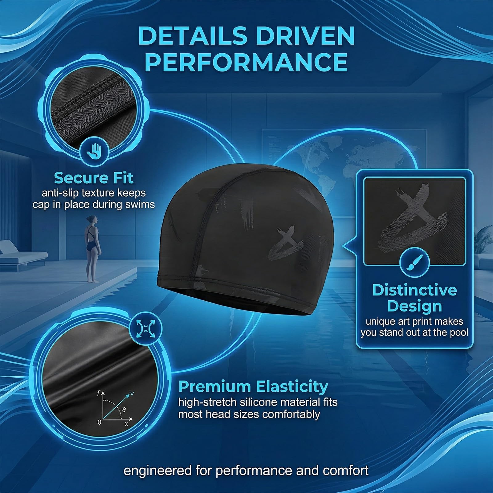 1 Unidad Gorro De Baño Para Adultos, Tejido Pu Flexible, Estampado Con La Letra A, Elástico Cómodo, Para Natación Unisex Hombre/Mujer, Duradero