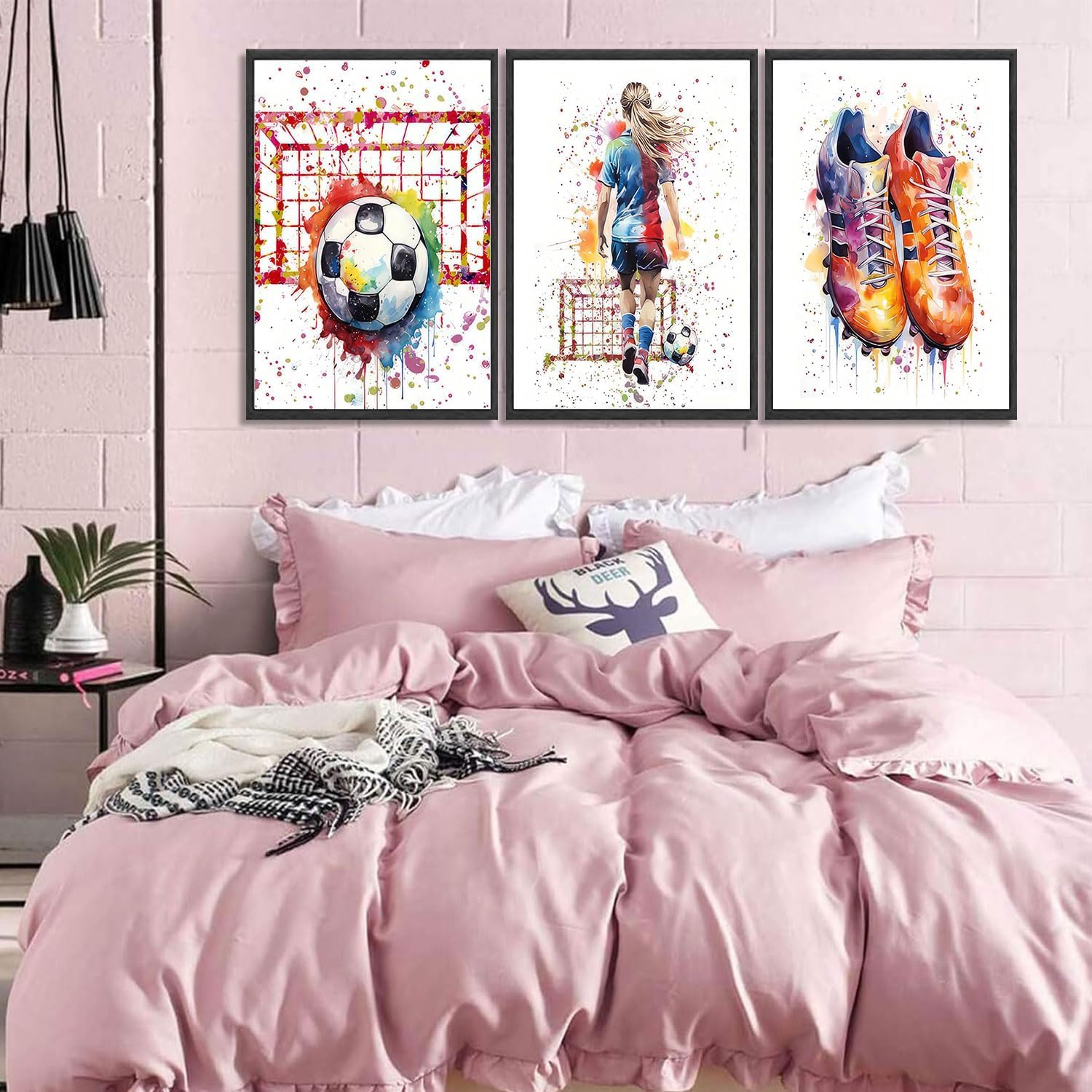 3Pcs Girl Graffiti Soccer Canvas Wall Art Colorful Sneakers Posters Prints Wall Decor Pictures Sports Theme Football Painting for Bedroom Girls Room Teen Kids Playroom Artwork Home Decoration Unframed