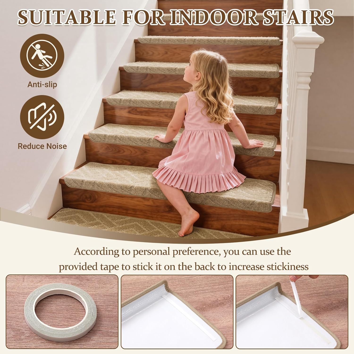 Bullnose Carpet Stair Treads 14 Pieces, 30"x9.5" Carpet Stair Treads for Wooden Steps Indoor with Bullnose Edge, Reusable Peel and Stick Non-Slip Carpet Stair Treads with Nosing, Beige Stripe Pattern