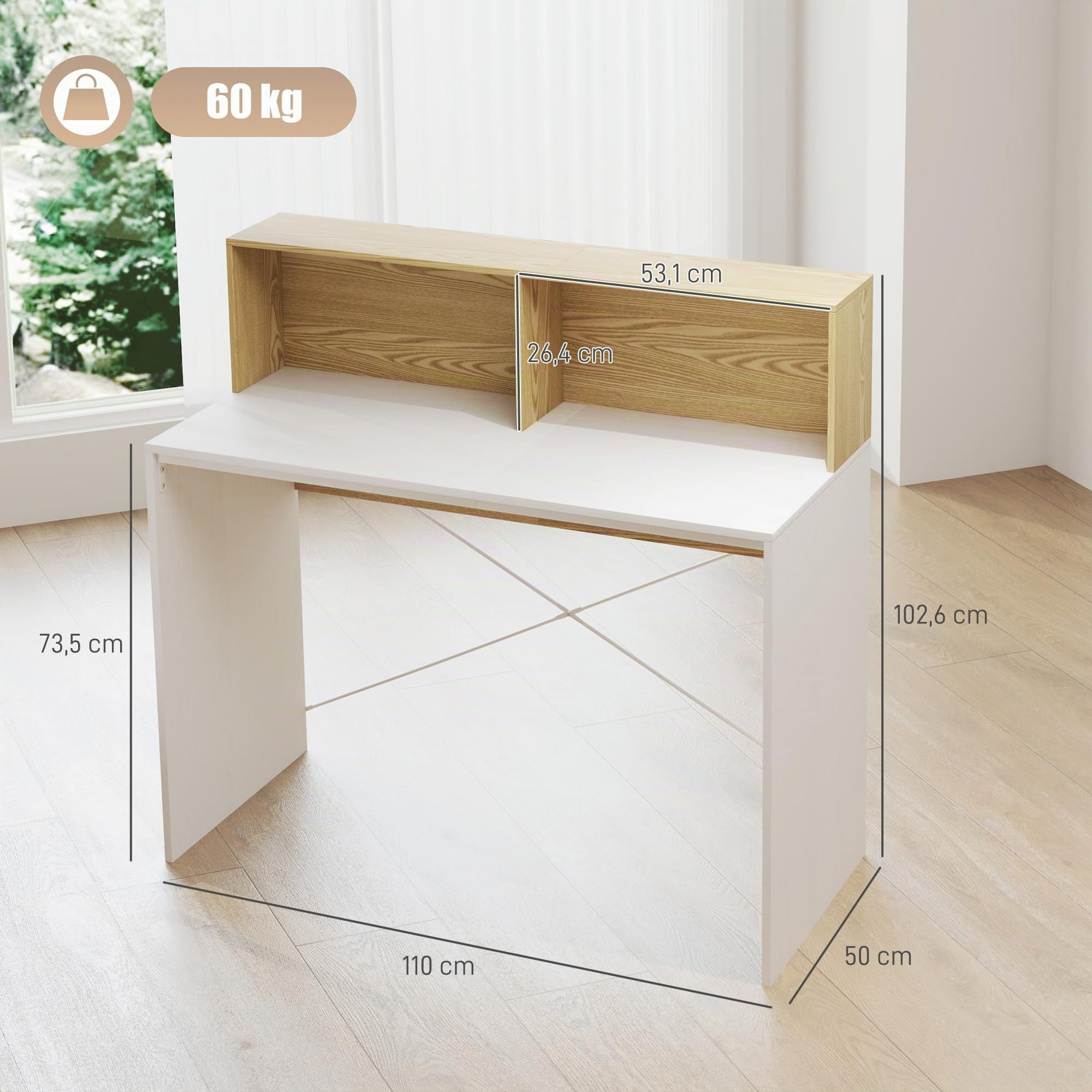 HOMCOM Escritorio con Estante, 110x50x102,6 cm Blanco y Madera Natural