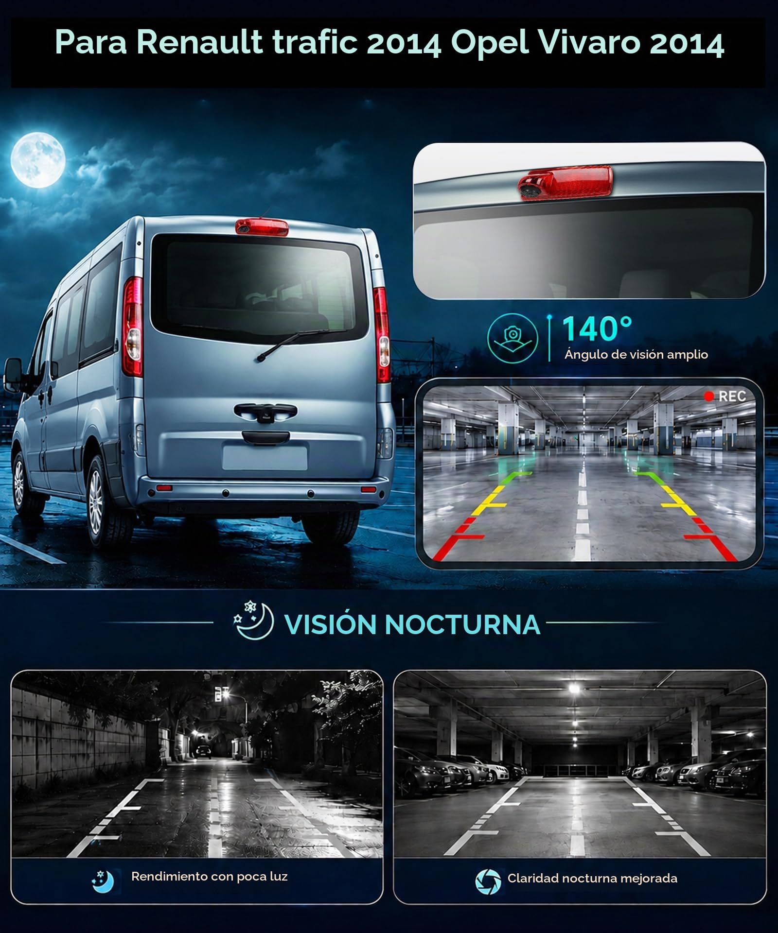 Hodozzy Cámara de Visión Trasera para Renault Traffic 2014/Opel Vivaro 2014, Cámara para Tercera Luz de Freno, Visión Nocturna por IR, Resistente al Agua IP67, con Línea de Marcha Atrás