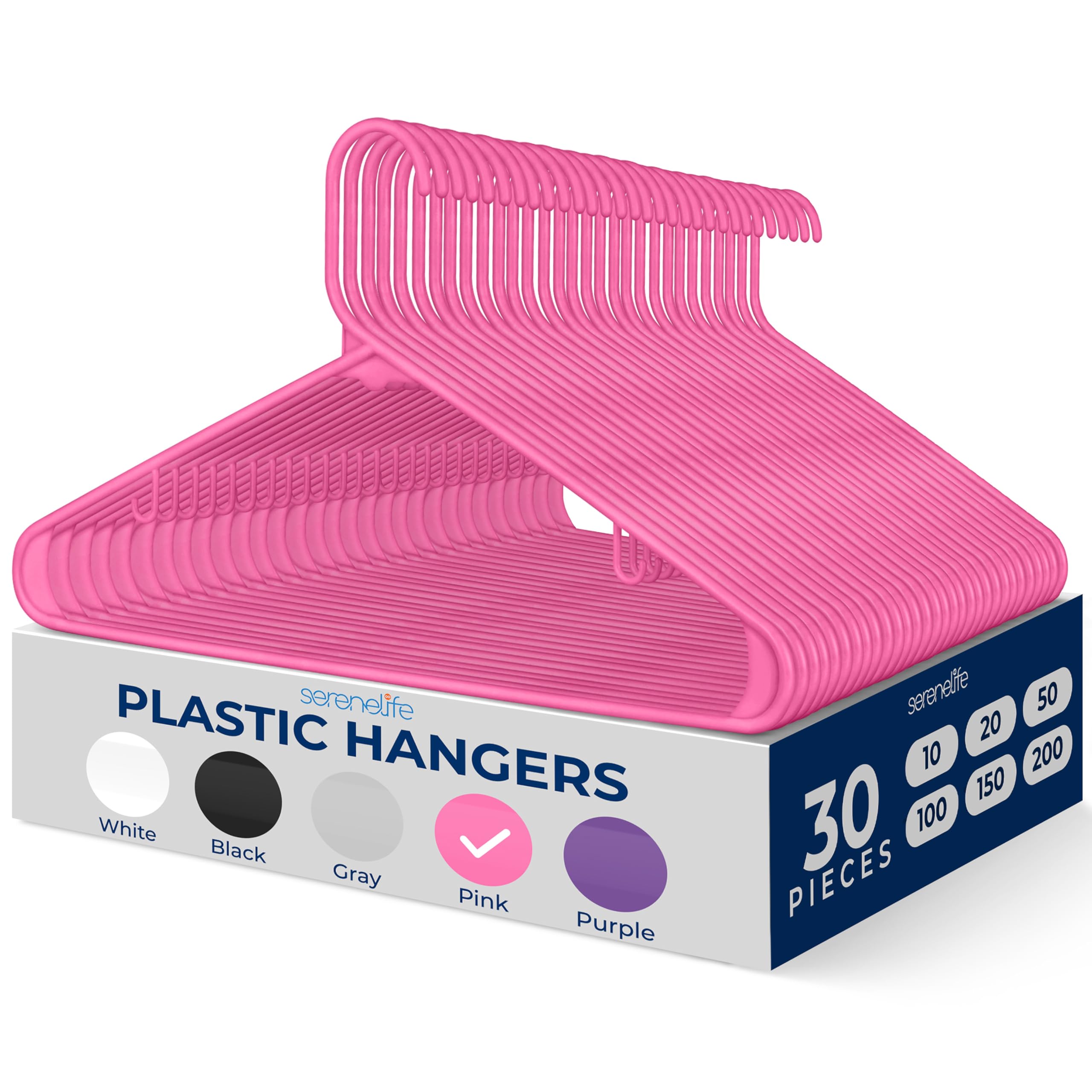 SereneLife Plastic Hangers 30 pcs, Non-Slip Heavy Duty Clothes Hanger Set with 360° Swivel Hook, Smooth Finish to Protect Fabric, Lightweight, Ultra-Thin Hangers for Coats and Other Clothes (Pink)