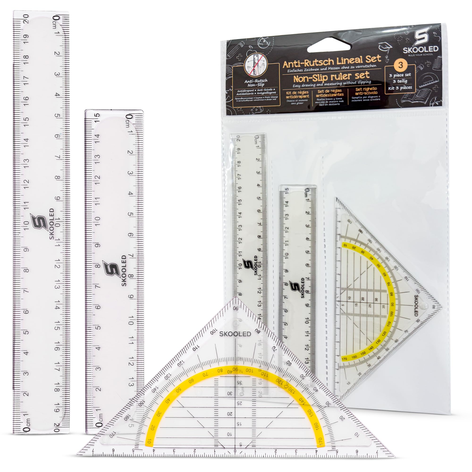 Das AntiRutsch Lineal und Geodreieck 3 in 1 Set rutschfestes Set zum sicheren und einfachen Zeichnen und Messen