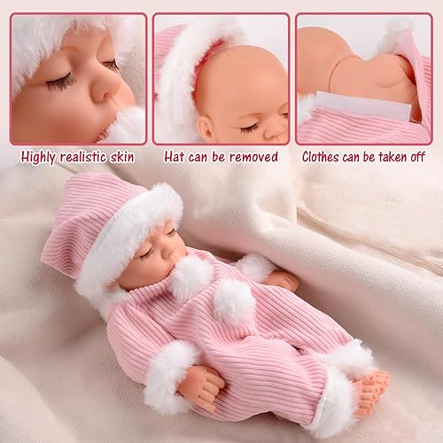 Miniatura 5 de LOWGAL Muñeca de bebé Reborn de 10 pulgadas, pequeña y suave, con sombrero rosa y overol lavable, extraíble para mayores de 3 años