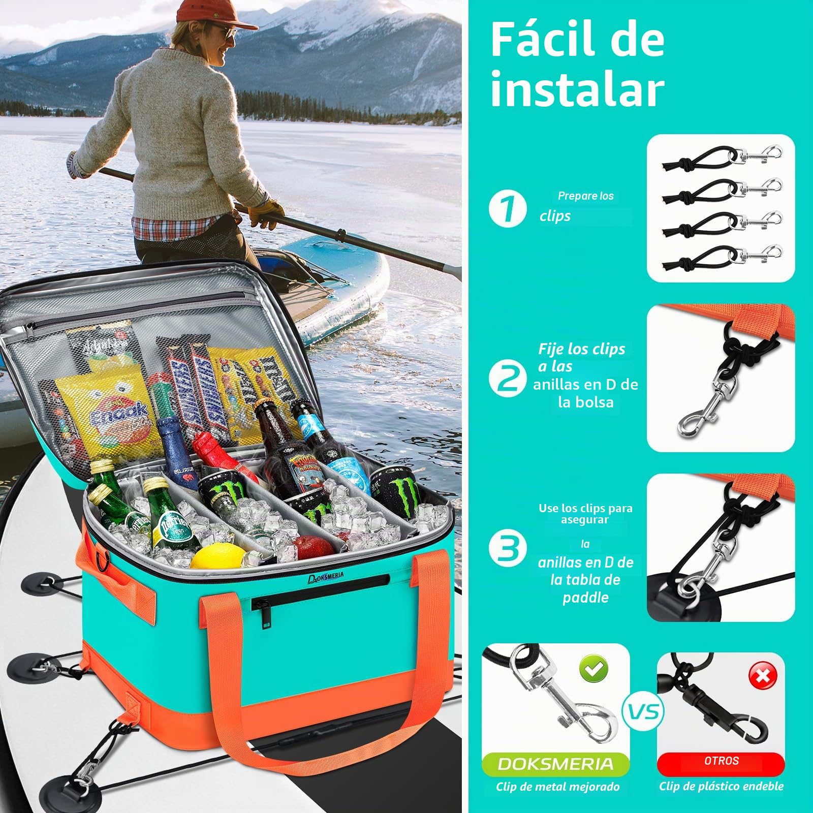 Tabla de paddle Board Cooler impermeable, supercapacidad, tabla de surf con correa para el hombro y 6 clips de cuerda elásticos, bolsa de accesorios para tabla de paddle board y kayak