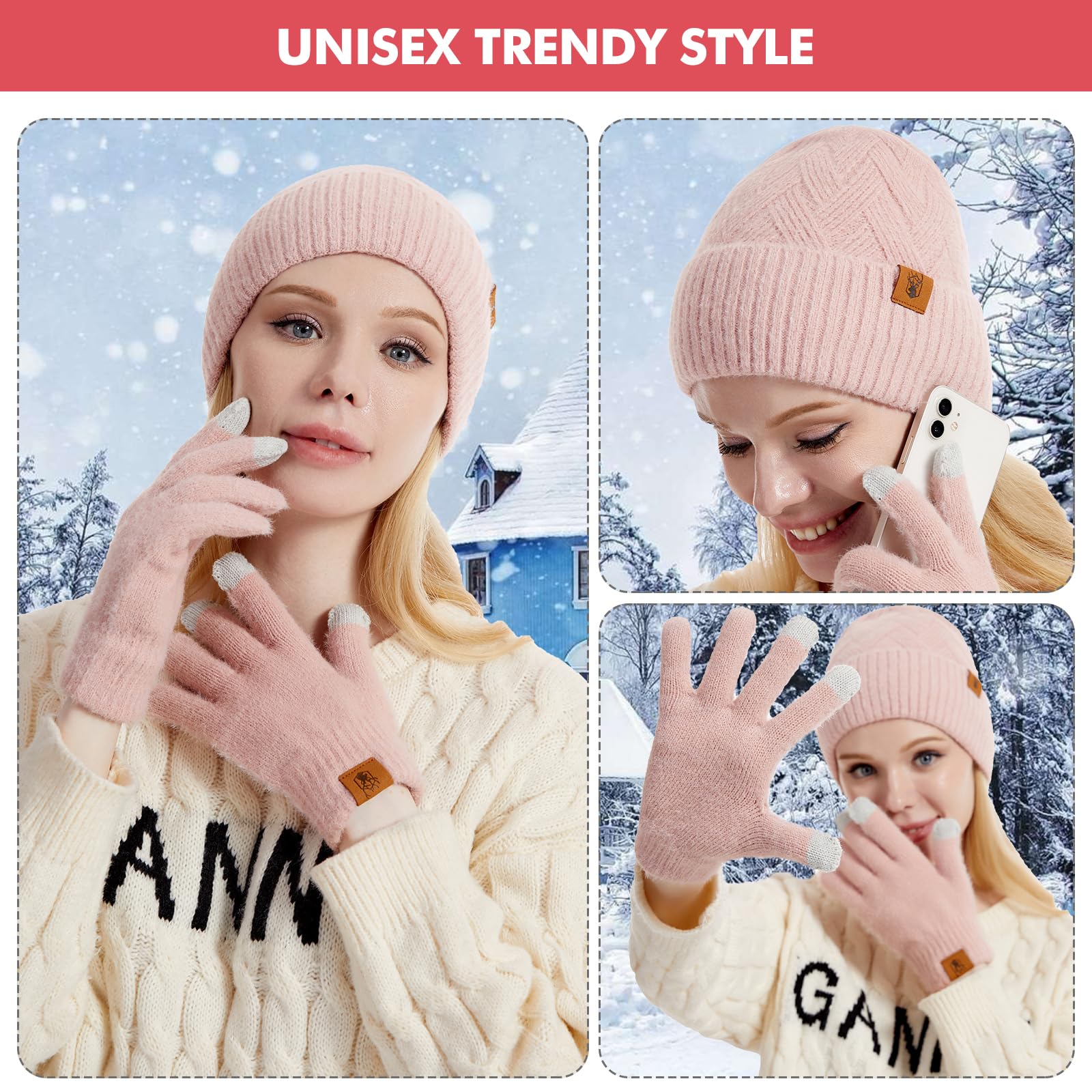 Bonnet et Gants pour Femme Gants Tactiles Thermiques et Bonnet Hiver Chaud en Doublé Polaire pour Femme