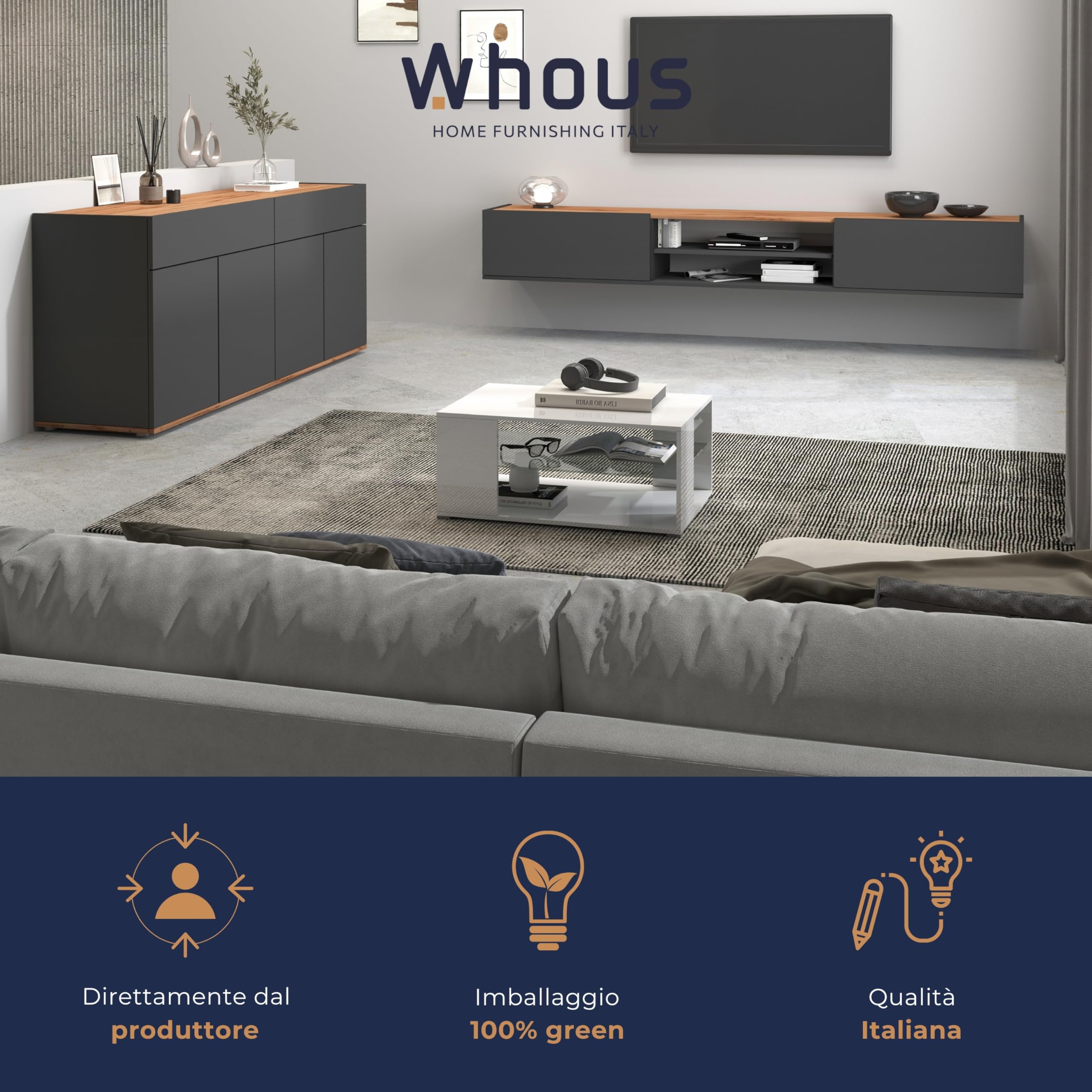 WHOUS Mobile Porta TV Sospeso GARDA per Soggiorno con 2 Ante a Ribalta e 1 Ripiano Centrale, Mobile Tv a Parete per Salotto, 210x35x30 cm, Antracite Opaco e Rovere