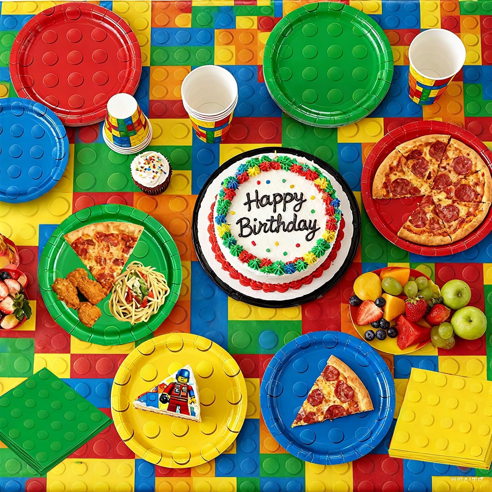 69Pcs Building Blocks Party Tableware Set,Paper Party Dinnerware Set for Kid's Birthday with Plates,Tablecloth,Napkins,Cups,Cartoon Table Decorations for Baby Shower,Boys,Party Supplies for 16 Guests