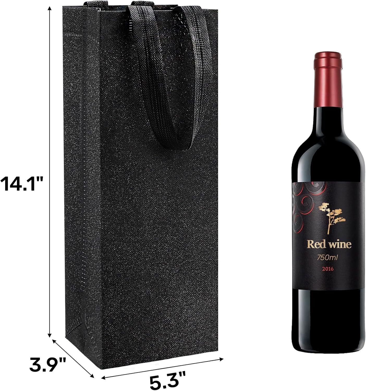 Peohud 50 Pack Black Wine Gift Bags Bulk, 14.1x5.3x3.9 Inches Reusable Non Woven Wine Bottle Tote Bags with Handles for Champagne, Liquor, Wedding, Party, Shopping, Retail Merchandise - Image 2