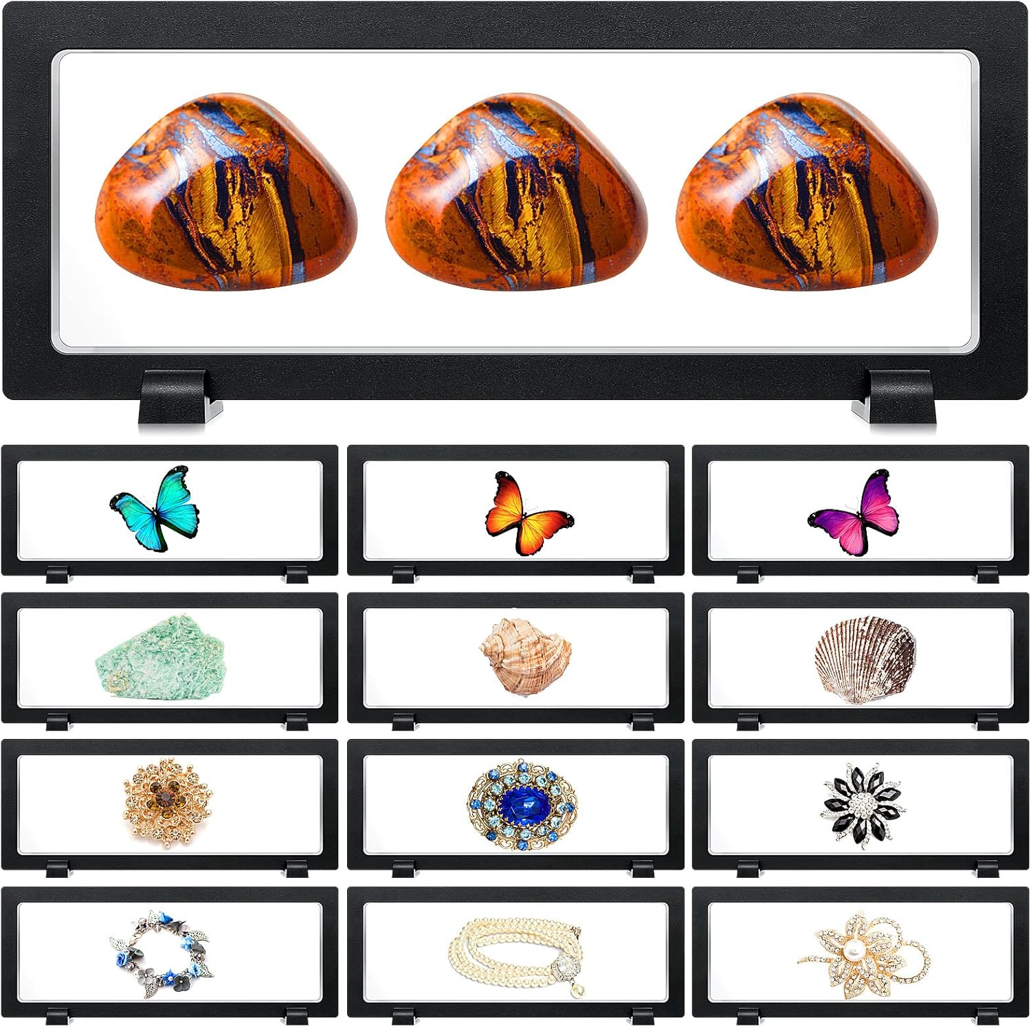 Harloon 12 Pcs 3D Floating Display Case Coins Floating Display Stand Transparent PE Jewelry Storage Box Suspension Frame for Challenge AA Medallions Specimens Chip(9.1 x 3.5 x 0.8 Inch)