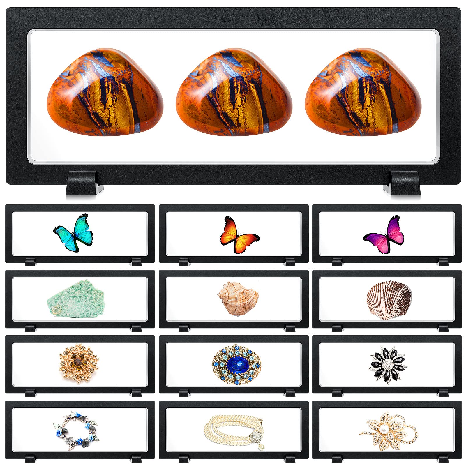 Harloon 12 Pcs 3D Floating Display Case Coins Floating Display Stand Transparent PE Jewelry Storage Box Suspension Frame for Challenge AA Medallions Specimens Chip(9.1 x 3.5 x 0.8 Inch)