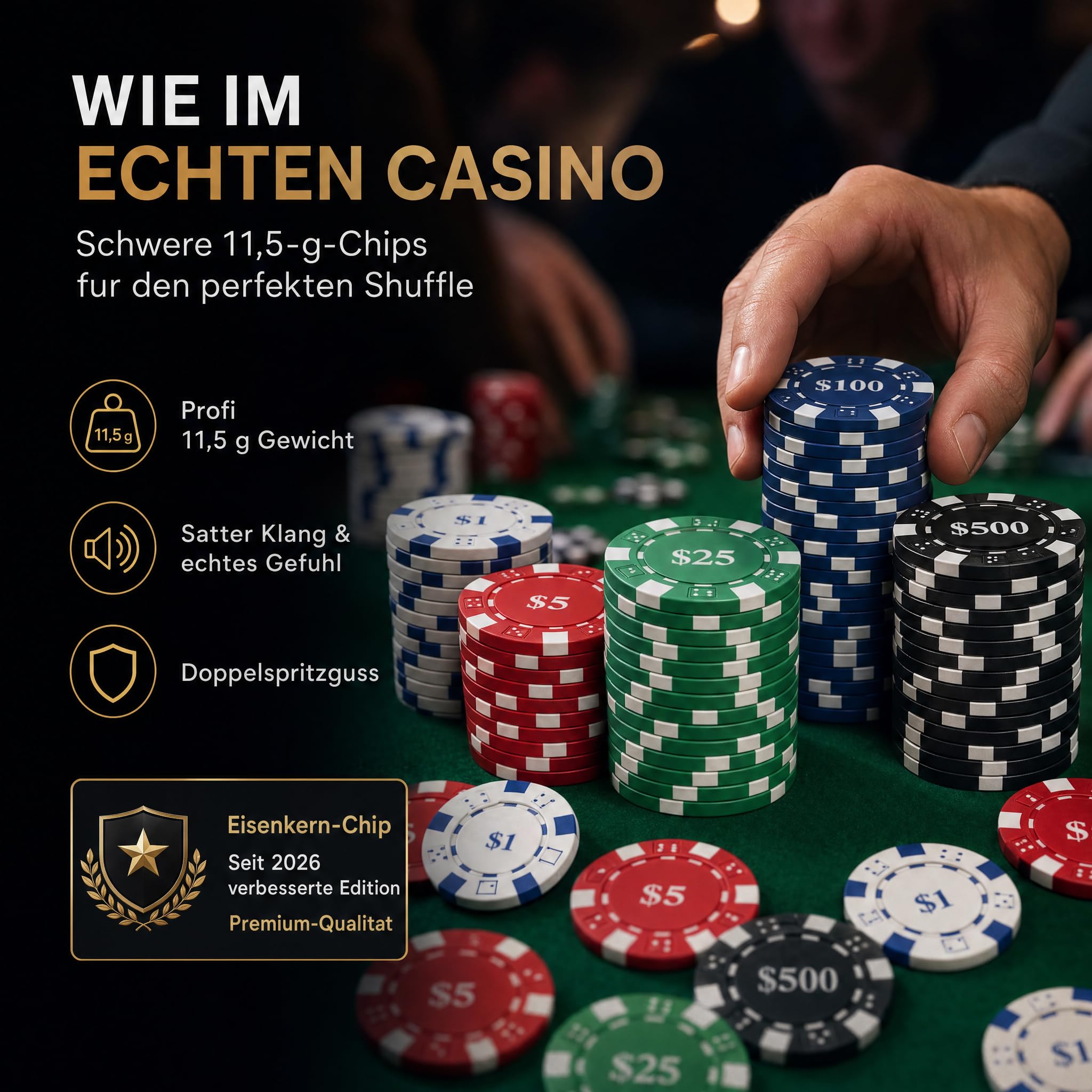 HEITOK Pokerkoffer 500 Stück – Premium Texas Holdem Set mit 11,5g Laser Chips & Alu-Koffer für 10 Spieler | Aluminiumkoffer mit Dealer und Blind Buttons, für 2-10 Spieler, Texas Holdem, organisierte Kartenrunden, zu Hause