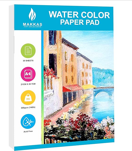 Makkas Watercolour Paper Pad A4 30 Sheets 140lb / 300gsm Cotton Blend Student Grade | Includes Pad Only | Cold Pressed & Acid Free Watercolour Sketchbook (Watercolour Pad)