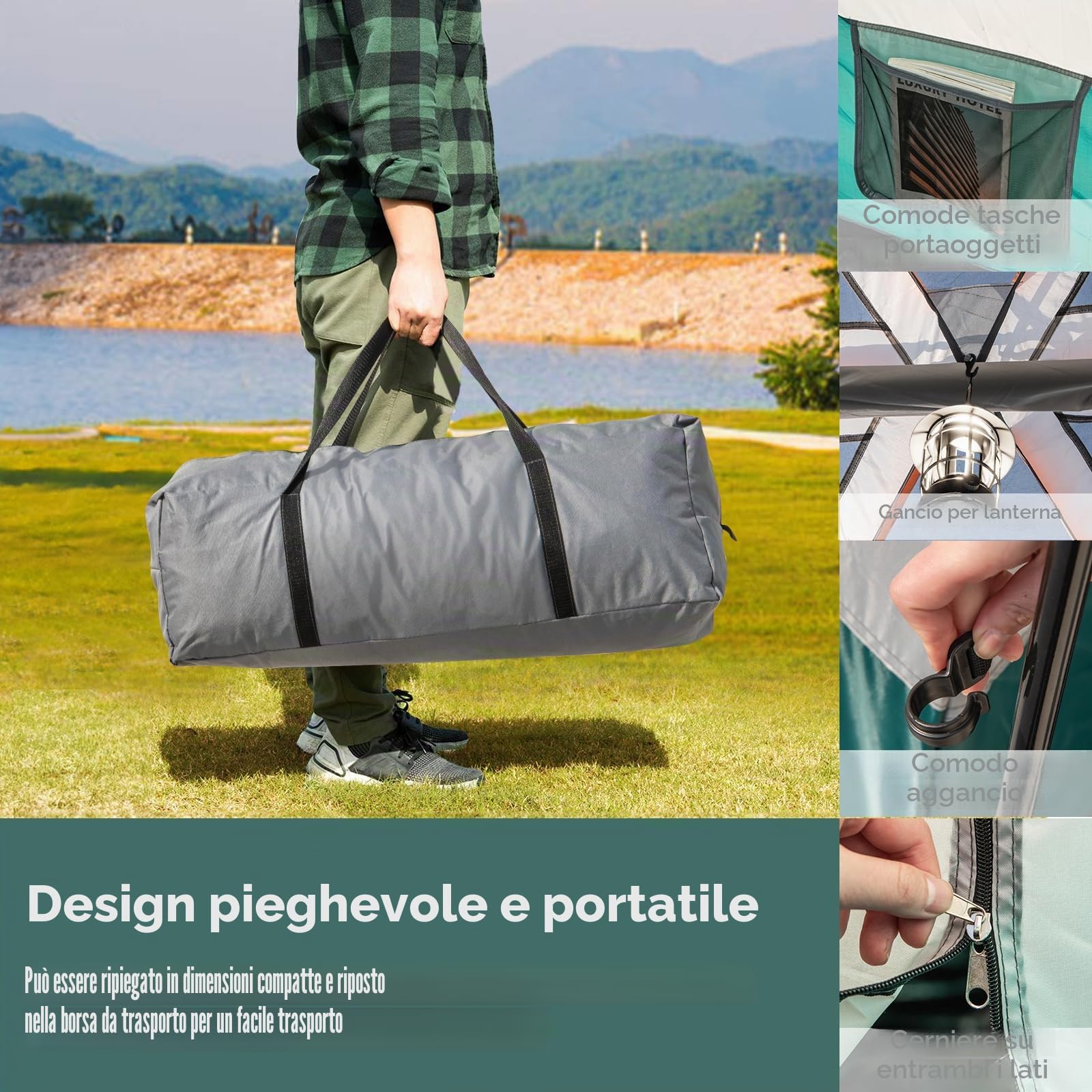 HOMASIS Tenda a Tunnel per 4-6 Persone con 2 Divisori e 3 Ingressi, Tende con Avancorridoio e Tappetino, Tenda Familiare con Borsa per il Trasporto per Campeggio, Trekking e Escursioni